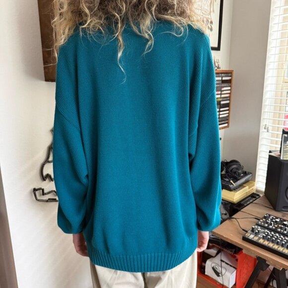 Vintage Deadstock 90s Eddie Bauer Teal Blue Knit Cotton Sweater ~ Size XL - Picture 4 of 6